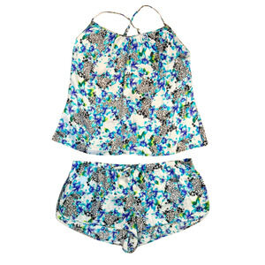 Victoria’s Secret Sz L 2‑Pc Silk Sleep Set Cami & PJ Shorts Blue White Floral